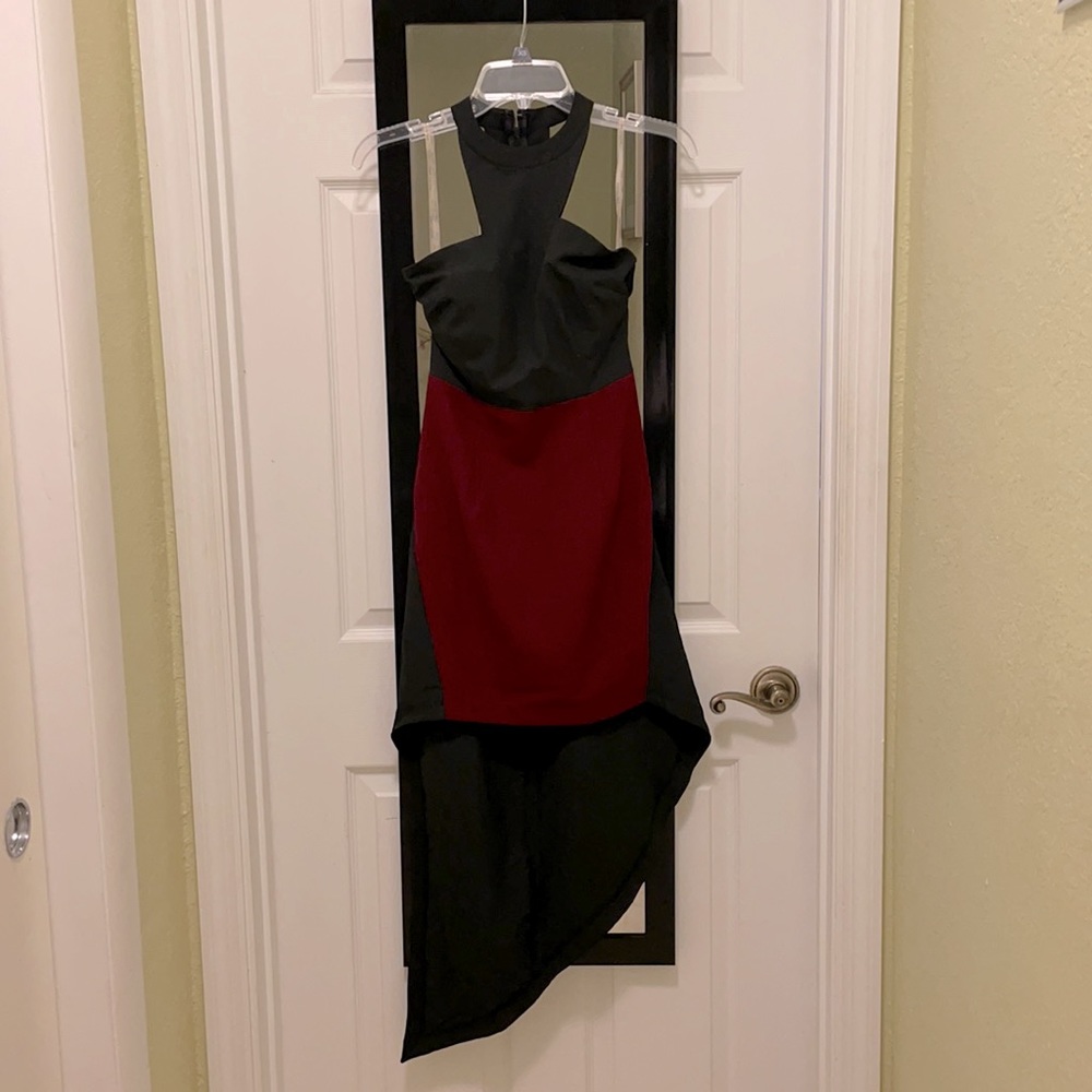 Black and burgundy dress. High front, low back